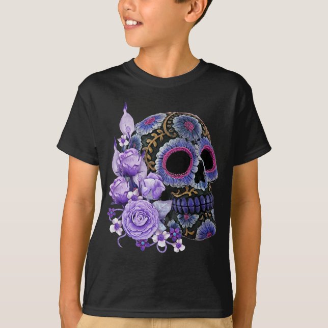 T-shirt Crâne de sucre noir violet Floral Jour des morts (Devant)