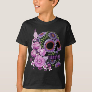 T-shirt Crâne de sucre rose floral noir Jour des morts