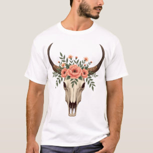 T-shirt Crâne de taureau floral vintage Bohème occidental 