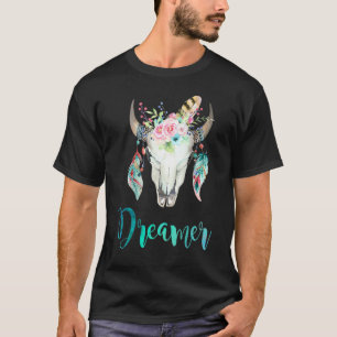 T-shirt Crâne de vache bohème floral et plume