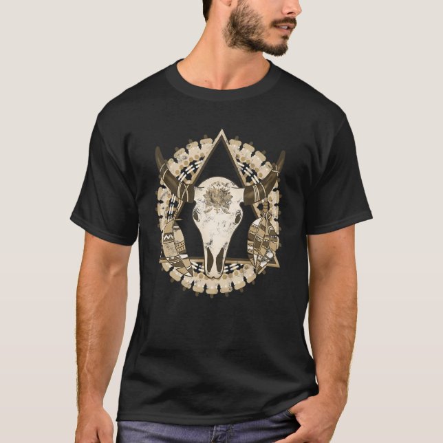 T-shirt Crâne de vache plumes triangle boho mandala bohémi (Devant)