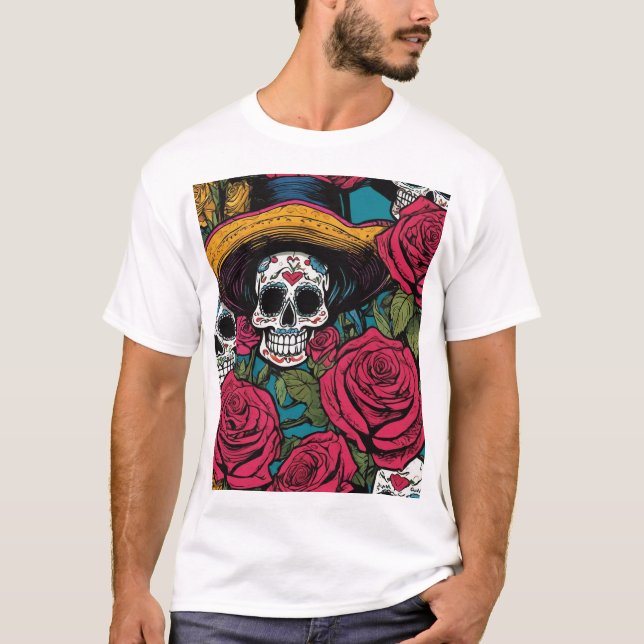 T-shirt Crâne décoratif avec Sombrero et Rose (Devant)
