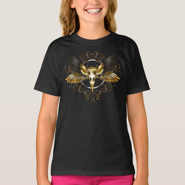 T-shirt Crâne d'oiseaux dorés sur arrière - plan noir (Devant)