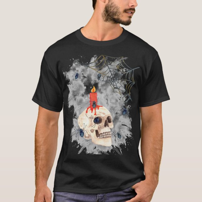 T-shirt Crâne effrayant d'Halloween, bougie, araignées et  (Devant)