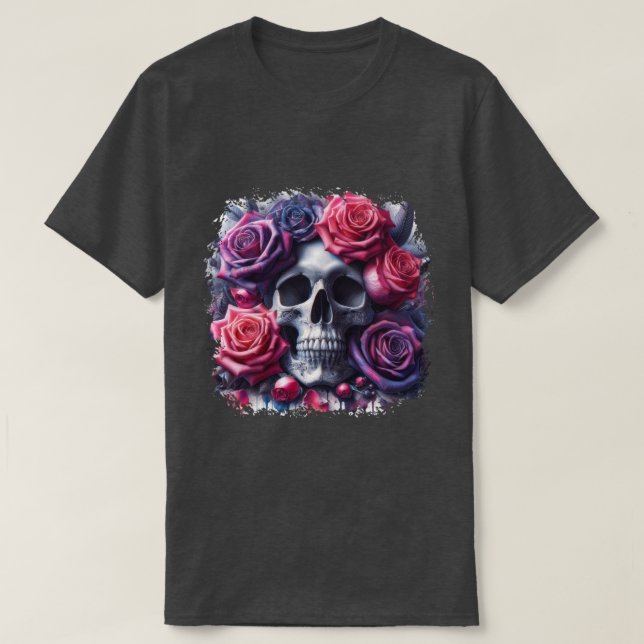 T-shirt Crâne entouré de Roses dynamiques (Design devant)