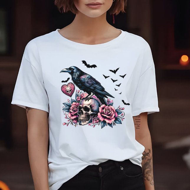 T-shirt Crâne et corbeau chauves-Roses Design rose (Créateur téléchargé)