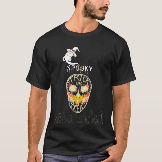 T-shirt Crâne et fantômes effrayants d'Halloween (Devant)