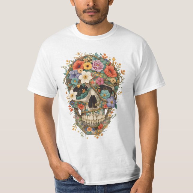 T-shirt Crâne fait de fleurs et de vignes (Devant)