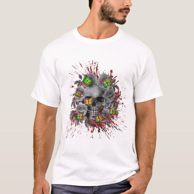 T-SHIRT CRÂNE FLEUR COLORÉ PAPILLON (Devant)