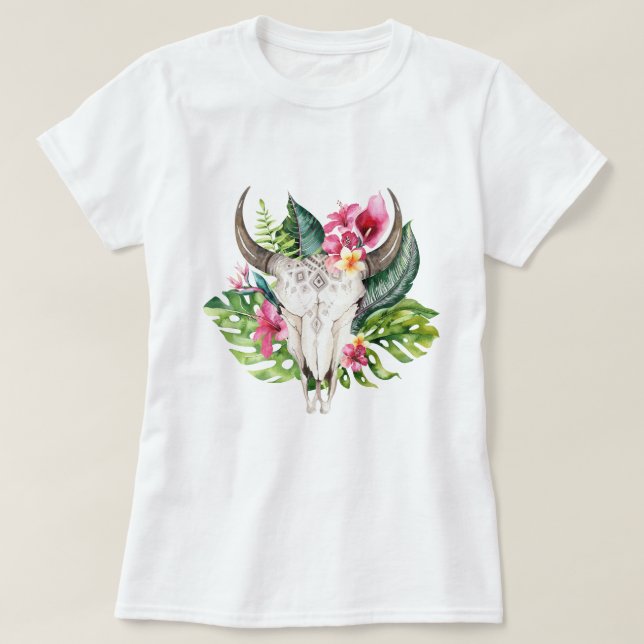 T-shirt Crâne Floral Bohème Sarcelle Paradis Tropical Île  (Design devant)