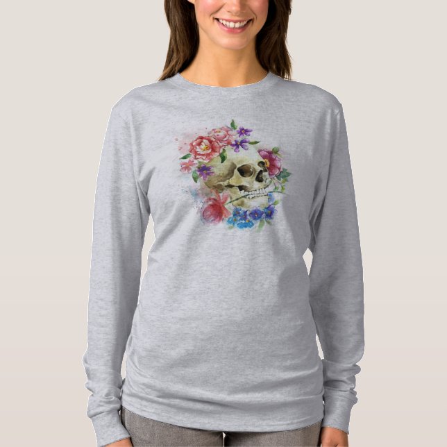 T-shirt Crâne floral Dia de los Muertos | Chemise à manche (Devant)