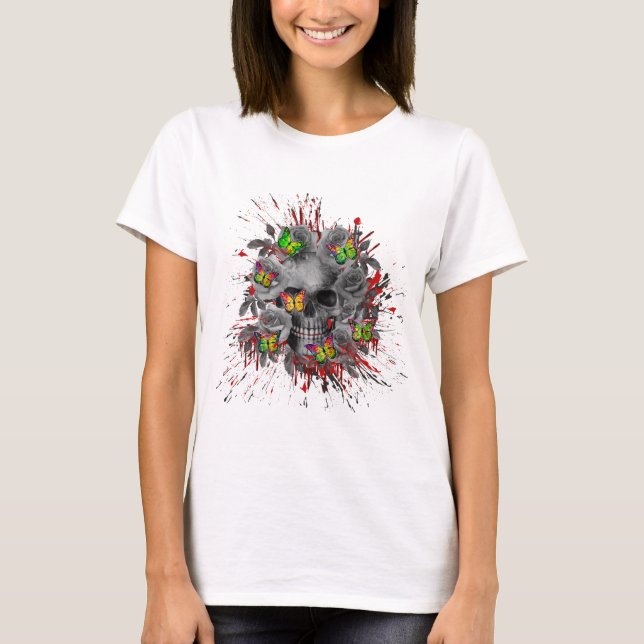 T-SHIRT CRÂNE FLORAL PAPILLON COLORÉ (Devant)