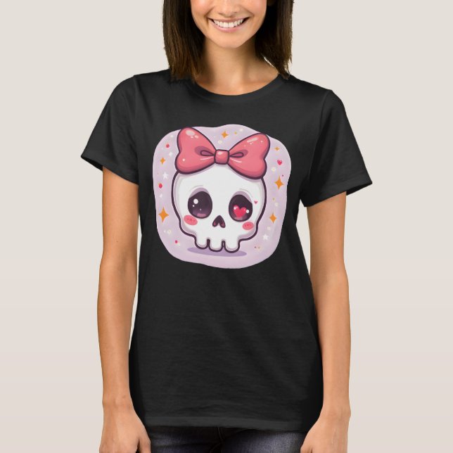 T-shirt Crâne Goth Pastel Mignon avec Nœud (Devant)