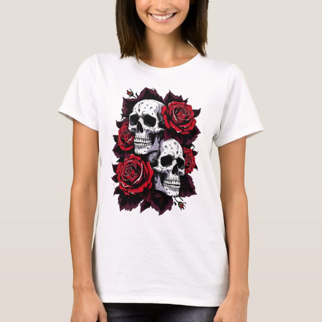 T-shirt Crâne gothique et Motif Rose (Devant)