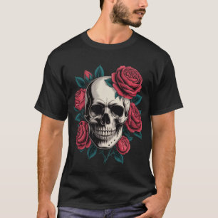 T-shirt Crâne gothique et roses rouges graphique floral vi
