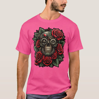 T-shirt Crâne gothique Steampunk Roses rouges Grunge foncé