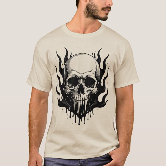 T-shirt Crâne gothique Vampire avec Flammes noires cendrée (Devant)