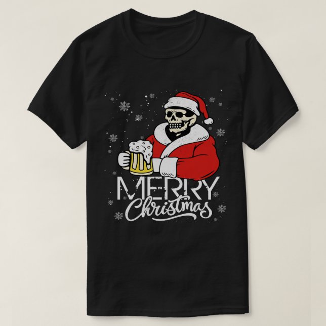 T-shirt Crâne Joyeux Noël Crâne Casquette Père Noël Boire (Design devant)