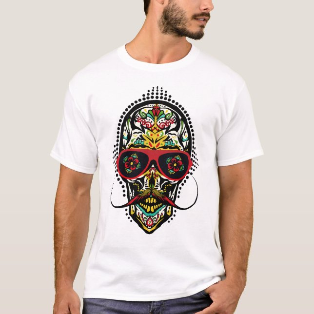 T-shirt Crâne mexicain moustachu avec lunette de soleil (Devant)