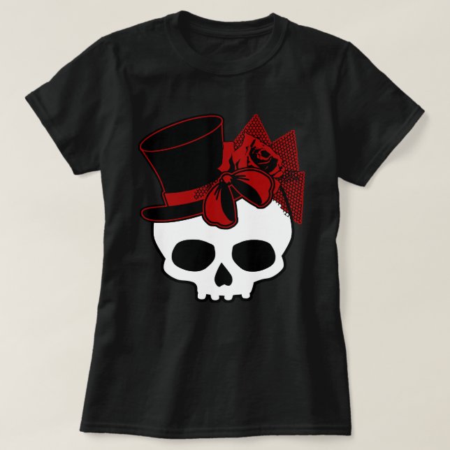 T-shirt Crâne mignon avec chapeau Rose rouge Bow (Design devant)