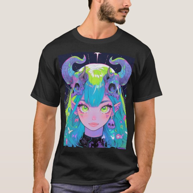 T-shirt Crâne mignon et cornes Punk Rock Anime Girl (Devant)