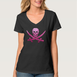 T-shirt Crâne rose de pirate et paillettes d'os croisés