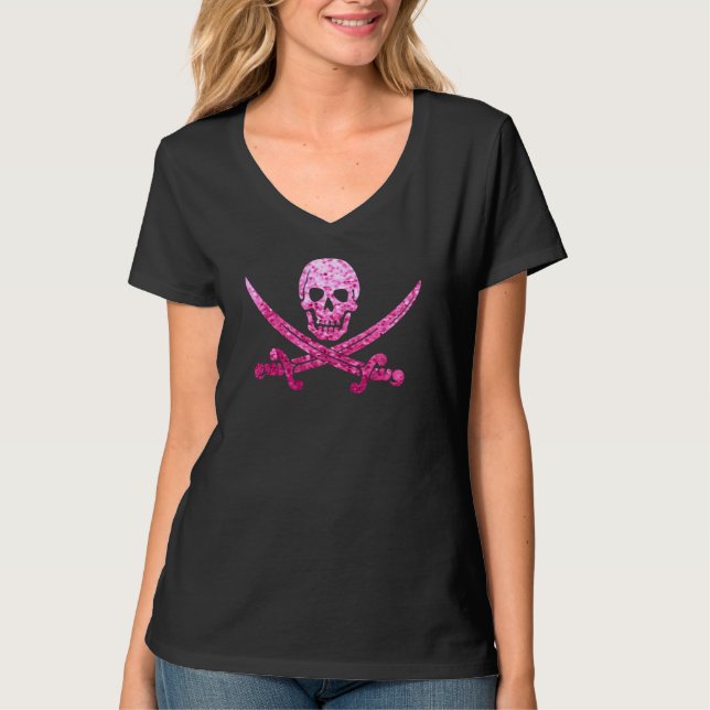 T-shirt Crâne rose de pirate et paillettes d'os croisés (Devant)