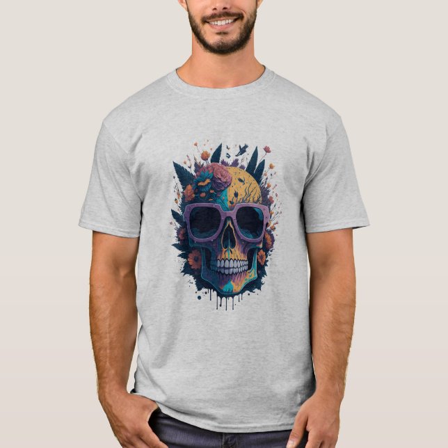 T-shirt Crâne Sucre Avec Verres Et Fleurs (Devant)