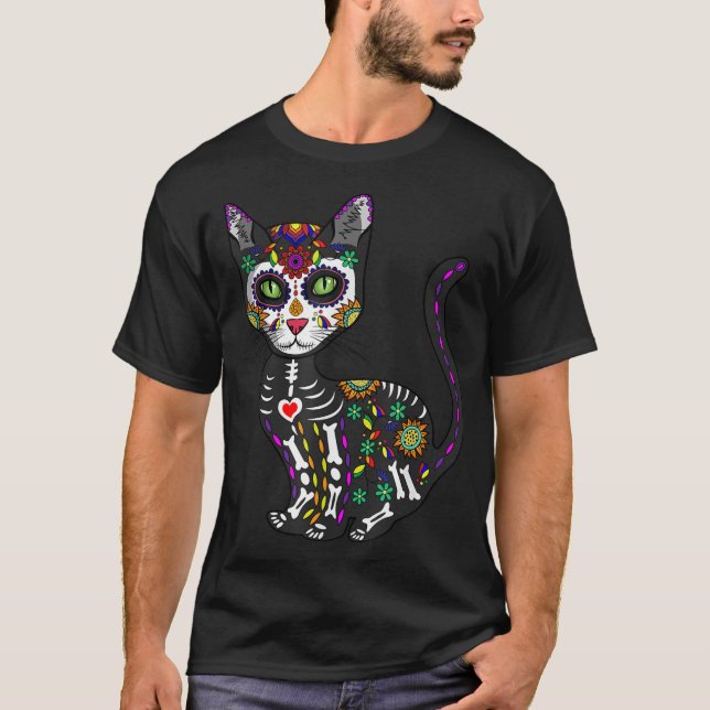 T-shirt Crâne sucre Chat mexicain Halloween Jour De La Mor (Devant)