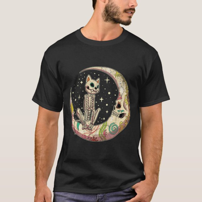 T-shirt Crâne sucre croissant lune chat jour mort Hallowee (Devant)