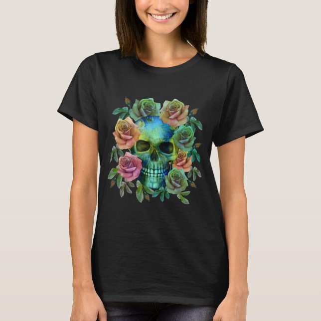 T-SHIRT CRÂNE VERT DE LA MORT AVEC FLEURS (Devant)