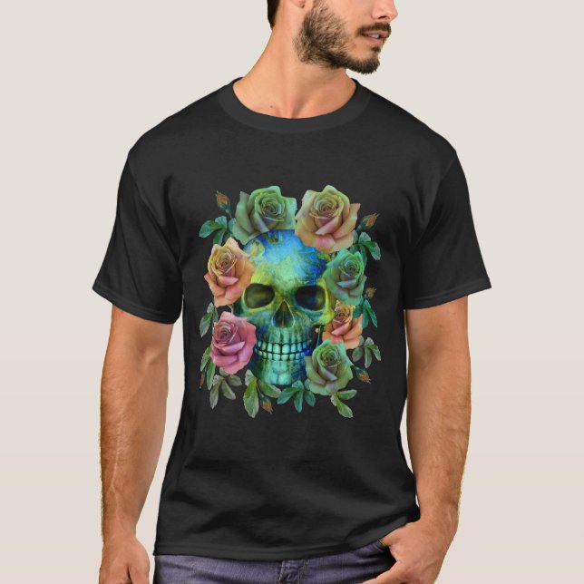 T-SHIRT CRÂNE VERT DE LA MORT AVEC FLEURS (Devant)