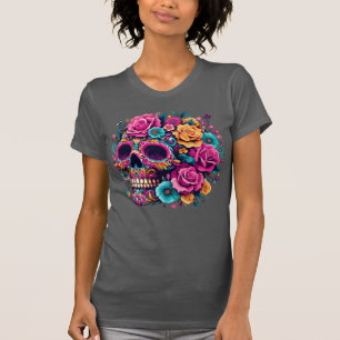 T-shirt Crâne vibrant de la Fête des Morts florale