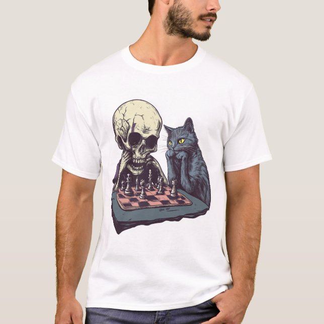 T-shirt Crâne vs Chat � Bataille d'Échecs Drôle (Devant)