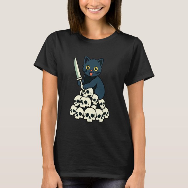 T-shirt Crânes de Chat Noir Halloween Amateur de Chat Féli (Devant)