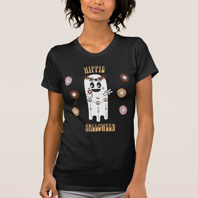 T-shirt Crânes de fantôme et de fleurs rétro hippie Hallow (Devant)