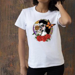T-shirt Crânes de sucre élégants Papillon monarch Roses ro