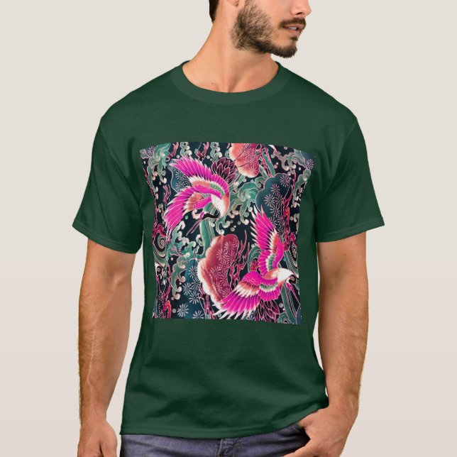 T-shirt CRANES DE VOL, VAGUES, FLEURS Rose Japonais Floral (Devant)