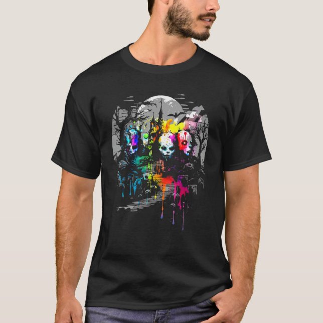 T-shirt Crânes de Zombie Maison Hantée Goth Splash de Coul (Devant)