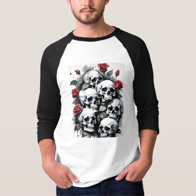 T-shirt Crânes Edgy et roses rouges (Devant)
