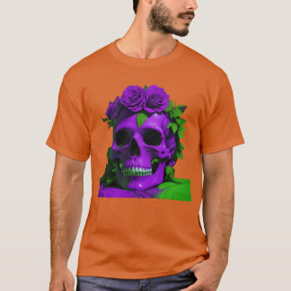 T-shirt Crânes esthétiques et roses violet et vert ami
