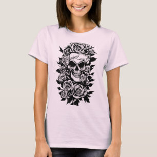 T-shirt Crânes Humains Roses Goth Dessin à l'encre origina
