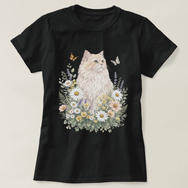 T-shirt Cream Cat Wildflower Botanical Art (Design devant)
