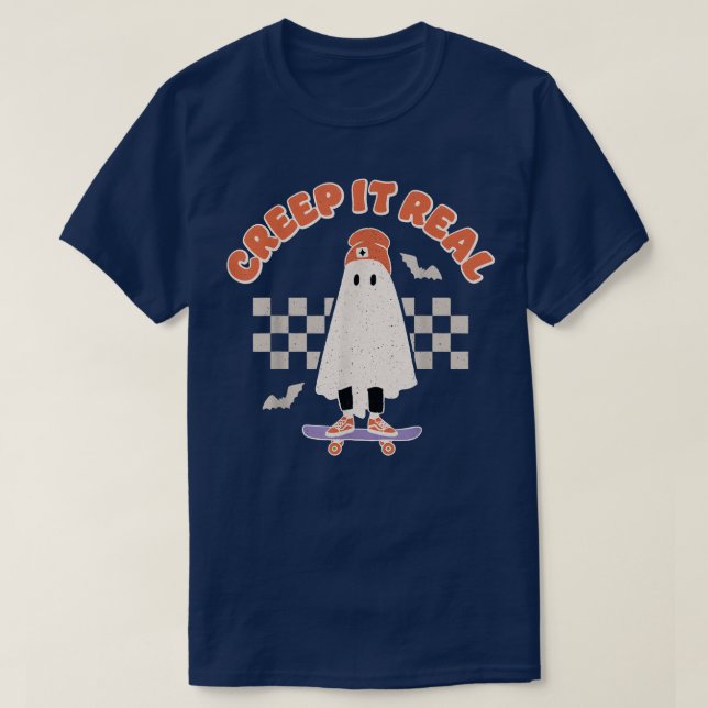 T-shirt Creep It Real Ghost Skateboard Halloween Bat Check (Design devant)