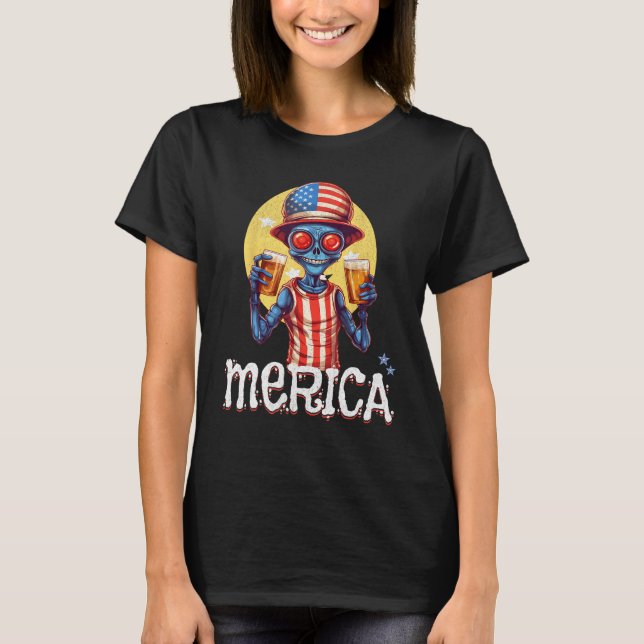 T-shirt Creepy Alien July 4th Drinking Beer Merica USA (Devant)