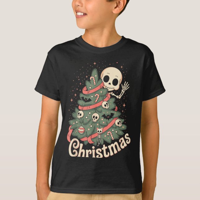 T-shirt Creepy Cute Kawaii Skeleton Christmas Tree Skull B (Devant)