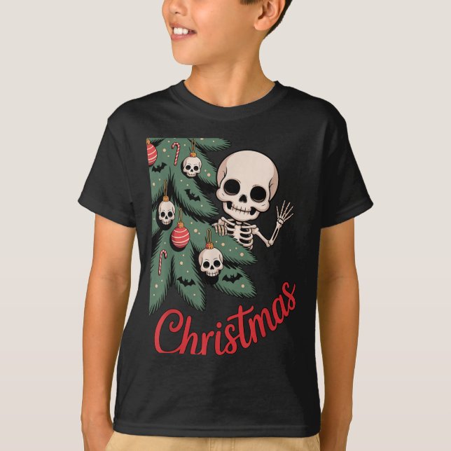 T-shirt Creepy Cute Kawaii Skeleton Christmas Tree Skull B (Devant)