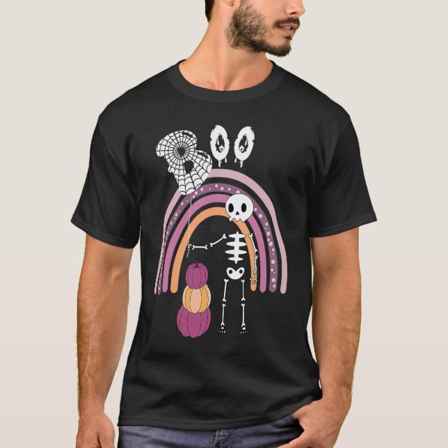 T-shirt Creepy Goth Halloween  Boo Skeleton Pastel Rainbow (Devant)
