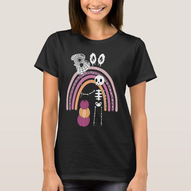 T-shirt Creepy Goth Halloween  Boo Skeleton Pastel Rainbow (Devant)