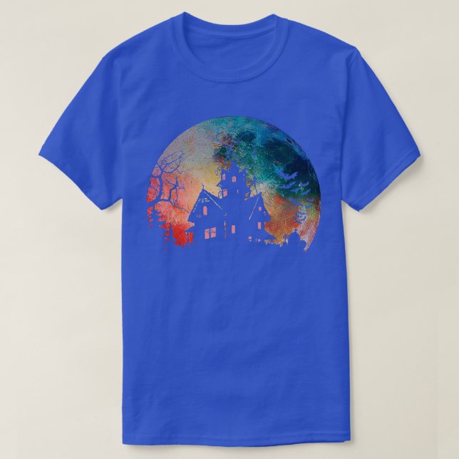 T-shirt Creepy Haunted House & Spooky Watercolor Full Moon (Design devant)